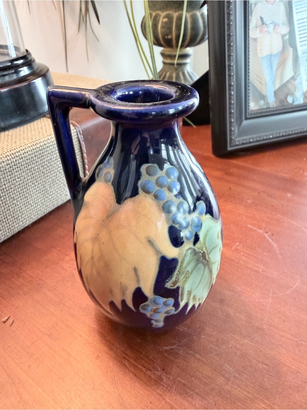 Cobalt Blue Ceramic Pitcher Vase with Leaf & Berry Motif